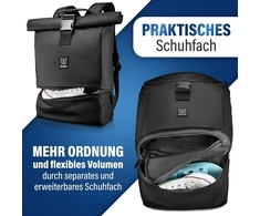 Heaver® kuprinė, rolltop, juoda su skyriumi batams ir nešiojamam kompiuteriui, skirta vyrams ir moterims, lanksti talpa iki 28 l, atspari vandeniui, skirta sportui, laisvalaikiui, universitetui, kelionėms ir darbui