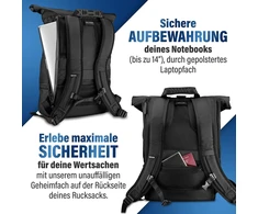 Heaver® kuprinė, rolltop, juoda su skyriumi batams ir nešiojamam kompiuteriui, skirta vyrams ir moterims, lanksti talpa iki 28 l, atspari vandeniui, skirta sportui, laisvalaikiui, universitetui, kelionėms ir darbui