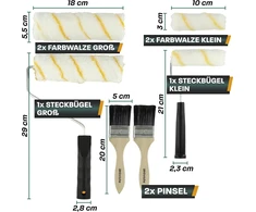Hinrichs 12 dalių dažymo rinkinys - dažymo volelių rinkinys su dažų padėklu, grandiklio rankena, brezentu, maskavimo juosta, teptuku, dažymo voleliu sienoms, įstatomu laikikliu - dažymo priedai - dažytojo volelių rinkinys