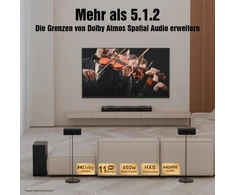 Kompiuterio kolonėlės Hiwill 5.1.2ch Dolby Atmos garso juosta, erdvinio garso sistema televizoriui, garso juosta televizoriams su 6.5 colių žemų dažnių garsiakalbiu, 2 galiniai erdvinio garso garsiakalbiai, 2 aukštyn nukreipti spinduliuojantys tvarkyklės