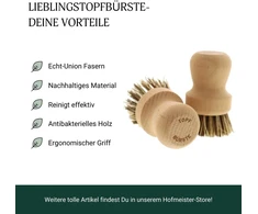 Hofmeister® puodų šepetys, 8 cm, pašalina stiprius nešvarumus nuo puodų ir keptuvių, apsaugo nelimpančią dangą, karščiui atsparūs pluoštai, indų plovimo šepetys pagamintas iš europinio buko medienos