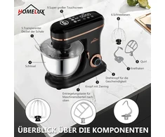 Homelux maisto kombainas 1800 W, minkymo mašina su 8 litrų nerūdijančio plieno dubeniu, 6 greičio lygiai, Led jutiklinis ekranas, šluotelė, tešlos kablys, plakiklis ir apsauga nuo purslų, juodas