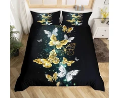 Homemissing patalynės komplektas su drugeliais, 220 x 240 cm, vaikiška patalynė, drugeliai, aukso ir balta spalvos, antklodės užvalkalas, skraidantys gyvūnai, antklodės užvalkalas, prabangus juodas kambario dekoras