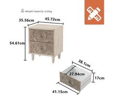Lova Hompus vintažinis staliukas prie lovos su 2 raižytais stalčiais, boho staliukas, staliukas prie lovos su 4 medinėmis kojelėmis, nedidelė komoda, baltas staliukas šalia lovos miegamajam, svetainei