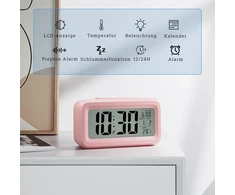 Homvilla Žadintuvas, skaitmeninis, maitinamas baterijomis, su temperatūros ekranu, didelis Lcd ekranas, snaudimo funkcija, data, naktinis režimas, garsus žadintuvas giliai miegantiems, rožinis