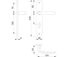 Hoppe Verona svirtis ant ilgos plokštelės cilindro spynos išėmimas 88 mm durų storiui 37–47 mm, anoduotas sidabras