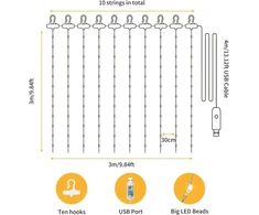 Hoteril Led Usb šviesos užuolaida 3 x 3 m, 300 Led girlianda su 8 režimais, Ip65, nuotolinio valdymo pultelis su laikmačiu, skirta dekoravimui, sodui, vidaus apšvietimui, pavėsinei, vakarėliui