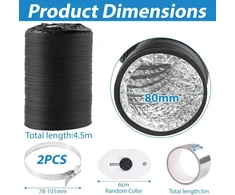 Httyht Išmetimo žarna Pvc lanksti, skersmuo 80 mm, 4,5 m, juoda su aliuminio juosta 50 mm x 5 m ir 2 žarnos spaustukais, nerūdijančio plieno ventiliacijos žarna, aliumininė, skirta oro kondicionieriui, džiovintuvui, ištraukimo ventiliatoriui