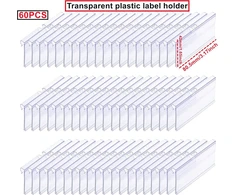Huaziz 60 plastikinių etikečių laikiklių pakuotė, skaidrus kainų etikečių laikiklis, plastikinis lentynos etikečių laikiklis, vielinės lentynos kainų etiketėms prekėms ženklinti (8 cm x 4,2 cm)