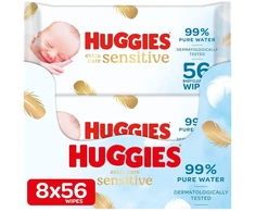 Huggies Pure Extra Care Sensitive kūdikių servetėlės, skirtos visam kūnui, 99% grynas vanduo, be kvapiklių, 8 x 56 servetėlės, mėnesio dėžutė (2 pakuotės)