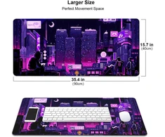 Huocairen retro vaporwave didelis pelės kilimėlis stalui, neon tokyo street pixel art stalo kilimėlis, violetinis japoniškas anime žaidimų pelės kilimėlis xxl, skyline city stalo kilimėlis, 80 x 40 cm