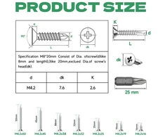 Hxjdam rinkinys, 180 vnt. savaime gręžiančių varžtų, M4.2 x 32 mm, savaime įsisriegiantys varžtai, nerūdijantis plienas, įleidžiama galvutė, Phillips varžtai, metaliniai varžtai su grąžtu