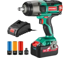 Hychika 350 N·m smūginis veržliasukis su 4.0 Ah 18 V akumuliatoriumi, 3000 Ipm smūgio dažniu, 3 vnt. galvutėmis 17/19/21 mm, adapteriu 10 mm griebtuvui ir dėže ratų varžtams