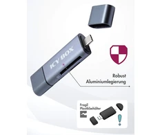 Icy Box Ib-cr201-c3 Sd kortelių skaitytuvas su Usb 3.0, skirtas Sd ir Micro Sd, 3 Usb jungtys (usb-c, Usb-a, Micro Usb), Otg, aliumininis
