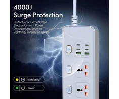 Ilginimo laidas su usb lizdais, 4 krypčių lizdai su 4 usb-c prievadais ir 2 usb prievadais, 3250 w vienas jungiklis, 1,8 m ilginimo laidas su apsaugotomis maitinimo juostomis, eu multi kištukinis adapteris, baltas