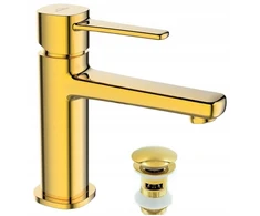 Invena Glamour Auksinis praustuvo maišytuvas su ilgu snapeliu Gold + Cubic Loft kamštis