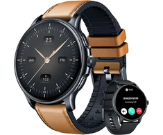 Išmanusis laikrodis sportui, atsparus vandeniui: vyriškas išmanusis laikrodis su 1.43 colių Amoled jutikliniu ekranu, apvalus, kraujo spaudimo, širdies ritmo, sportinis žingsniamatis, telefono funkcija, odinis dirželis, skirtas Android ir Ios