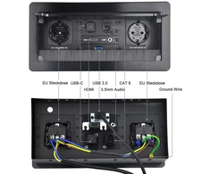 Ištraukiamas lizdas, konferencijų salės stalo multimedijos lizdo maitinimo blokas su įmontuotu lizdu - sidabrinis - 2x schuko - 1x cat6 - 1x usb-c duomenų - 1x hdmi 1x audio stereo lizdas 3.5 mm - 1x usb 3.0