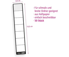 Itenga 50 vnt. etikečių siauriems segtuvams, 3.6x19 cm, juodos
