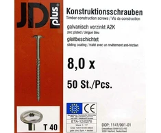 Jd-plus profesionalūs medvaržčiai su plokščia galvute, baltas galvanizuotas paviršius, I-star T40, skersmuo 8 mm, ilgis 80–450 mm, konstrukciniai varžtai, 50 vnt.