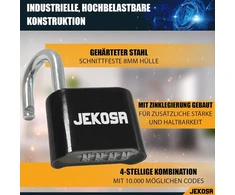Jekosa® Jkb/50 [atsparus vandeniui] aukštos kokybės kombinuota pakabinama spyna, skirta naudoti lauke - [be rakto] 4 skaitmenų kodinė spyna, skirta pašiūrėms, vartams, spintelėms, spynoms, juoda