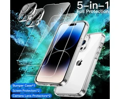 Jetech 5-in-1 dėklas, skirtas iphone 14 pro max 6.7 colių, 2 ekrano apsaugos ir 2 kameros apsaugos, niekada negelstantis, viso ekrano grūdinto stiklo plėvelė, ekrano apsaugos kamera, smūgiams atsparus mobiliojo telefono dėklas