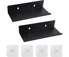 Jinsion lipni maža sieninė lentyna, juodas metalas, 10 x 20 x 4 cm, 2 vnt., plaukiojanti mini lentyna vonios kambariui, lentyna be gręžimo, sieninė lentyna vonios kambariui, plaukiojanti lentyna, sieninė lentyna, siaura pakabinama lentyna