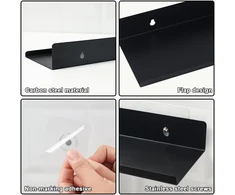 Jinsion lipni maža sieninė lentyna, juodas metalas, 10 x 20 x 4 cm, 2 vnt., plaukiojanti mini lentyna vonios kambariui, lentyna be gręžimo, sieninė lentyna vonios kambariui, plaukiojanti lentyna, sieninė lentyna, siaura pakabinama lentyna