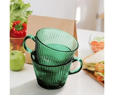 Joeyan 450 ml dideli kavos puodeliai, 2 vnt. rinkinys, vertikalūs dryžuoti žalios spalvos stiklai su šaukšteliu, espresso puodeliai, storasieniai, cappuccino puodeliai, briaunoti geriamieji stiklai latte, arbatai, gėrimams, galima plauti indaplovėje