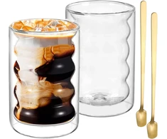 Juaeyidds dvigubų sienelių stiklinių rinkinys, 2 vnt., latte macchiato stiklinės, 350 ml talpos kapučino puodeliai, dvigubų sienelių kavos stiklinės, arbatos stiklinės iš borosilikatinio stiklo su 2 šaukšteliais kapučino, latte, arbatai, ledui