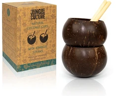 Jungle Culture® tikri kokoso puodeliai kokteiliams ir kokteiliams • maži kokoso dubenėliai ir bambukiniai šiaudeliai • natūralūs mediniai puodeliai, nulinės atliekų taurės, gėrimo taurė vakarėliui, tvarūs dovanos