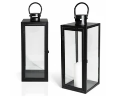 Juodas metalinis ir stiklinis žibintas žvakėms, dekoratyvinis mažas - 38 cm
