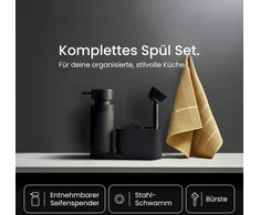 Juodas Sweden Home dizainerio kriauklės organizatorius su nuimamu ploviklio dozatoriumi, indų plovimo šepečiu ir kempine, virtuvės organizatorius, kriauklės organizatorius pagamintas iš dirbtinio akmens, kriauklės rinkinys, muilo dozatorius