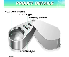 Juoifip Juvelyro didinamasis stiklas su šviesa, 40 x kišeninis metalinis sulankstomas didinamasis stiklas su Led/uv šviesa smulkiems darbams, juvelyrikai, monetoms, akmenims, pašto ženklams