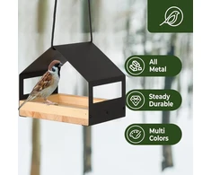 Kabinamas lesyklėlė paukščiams, narvo formos lesyklėlė, pagaminta iš metalo ir medžio, laukinių paukščių lesyklėlė, modernus laukinių paukščių namelis sodui, balkonui, juodas