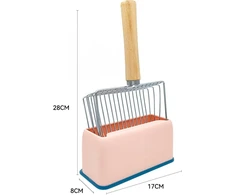 Kačių kraiko semtuvas su konteineriu, metalinis kačių kraiko semtuvas su laikikliu, kačių kraiko semtuvas su medine rankena, skylės tarpai 7 mm, ilgis 28 cm, kraiko dėžutės semtuvas, kačių kraiko semtuvas