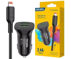 Kaku automobilinis įkroviklis 2xusb 2.4a juodas + laidas iphone juodas
