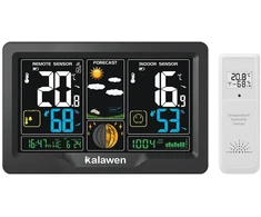 Kalawen belaidė meteorologijos stotis su lauko jutikliu, skaitmeninis spalvotas ekranas, belaidė meteorologijos stotis vidaus ir lauko naudojimui su orų prognoze, Dcf radijo laikrodis, maitinamas baterijomis ir iš elektros tinklo