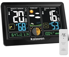 Kalawen belaidė meteorologijos stotis su lauko jutikliu, skaitmeninis spalvotas ekranas, belaidė meteorologijos stotis vidaus ir lauko naudojimui su orų prognoze, Dcf radijo laikrodis, maitinamas baterijomis ir iš elektros tinklo