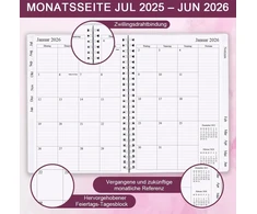 Kalendorius 2025-2026, A5 savaitinis planuotojas su mėnesio skirtukais, 2025 m. liepos – 2026 m. birželio mėn., dienoraštis 2025-2026 su elastine juostele, dviguba vieline spirale, lengva kasdienio gyvenimo organizacija, 14,8 x 21 cm, planuotojas 25-26