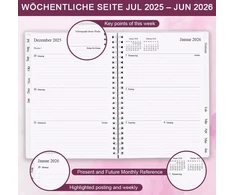 Kalendorius 2025-2026, A5 savaitinis planuotojas su mėnesio skirtukais, 2025 m. liepos – 2026 m. birželio mėn., dienoraštis 2025-2026 su elastine juostele, dviguba vieline spirale, lengva kasdienio gyvenimo organizacija, 14,8 x 21 cm, planuotojas 25-26