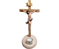 Kaltner Präsente dovanos idėja: 35 cm kryžius, medinis kryžius, nukryžiuotasis, pastatomas kryžius, pagamintas iš tikro buko ir klevo medžio su arbatos žvakute – rankomis dažyta Jėzaus Kristaus figūrėlė, pagaminta iš aukštos kokybės dervos