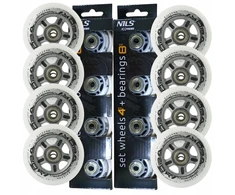 Kaučiukiniai riedučių ratukai 84 mm, 8 vnt. rinkinys + Abec-7 guoliai, balti, Nils