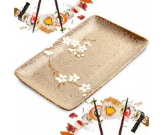 Keraminė lėkštė suši patiekimui ruda pilka gėlės 21cm x 13,5 x 3