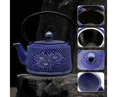 Virdulys Ketaus arbatinukas, 850 ml Azijos arbatinukas arbatai su nerūdijančio plieno sieteliu, japoniškas arbatinukas su violetiniu ir sidabriniu gėlių raštu, vintažinis arbatinukas biriai arbatai, namams ir biurui, 30 oz