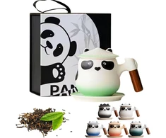Kicura - Panda 350ml arbatos puodelių rinkinys - 4 dalių keramikinis rinkinys - medinė rankena su sietelio dangteliu ir lėkštute - puodelių rinkinys - arbatos mėgėjams ir dekoravimui - supakuota į dovanų dėžutę - 6 spalvos (mėtų žalia)