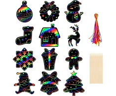 Dėlionė Kiiwah 36 Kalėdinių paveikslėlių rinkinys vaikams, Kalėdinis braižymo popierius "rainbow Scratch Art" su 36 kaspinėliais ir 12 medinių rašiklių vaikų amatams, Kalėdinių dovanų dėžutės, Kalėdų eglutė