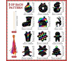 Dėlionė Kiiwah 36 Kalėdinių paveikslėlių rinkinys vaikams, Kalėdinis braižymo popierius "rainbow Scratch Art" su 36 kaspinėliais ir 12 medinių rašiklių vaikų amatams, Kalėdinių dovanų dėžutės, Kalėdų eglutė