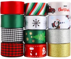 Kingovalley 12 kalėdinių juostelių ritinių, 2,5 cm x 4,5 m, kalėdinės temos, spausdintos satino grosgrain juostelės aukso ir sidabro metalo blizgučių juostelės kalėdinėms dovanoms, žiemos šventėms, festivalio dekoravimui