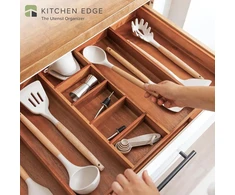Kitchenedge Premium įrankių ir stalo įrankių stalčių organizatorius, išplečiamas nuo 40 iki 71 cm pločio, 10 skyrių, maistinis premium akacijos medienos apdaila, virtuvės laikymo dėklas